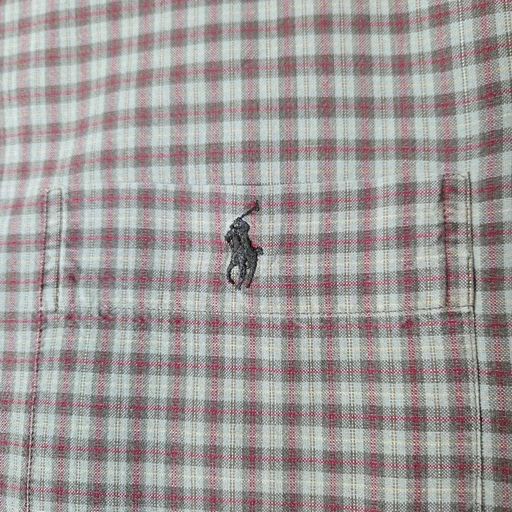 VTG Polo Ralph Lauren Adams Shirt Mens XL Tan Check  Loop Collar Short Sleeve‎